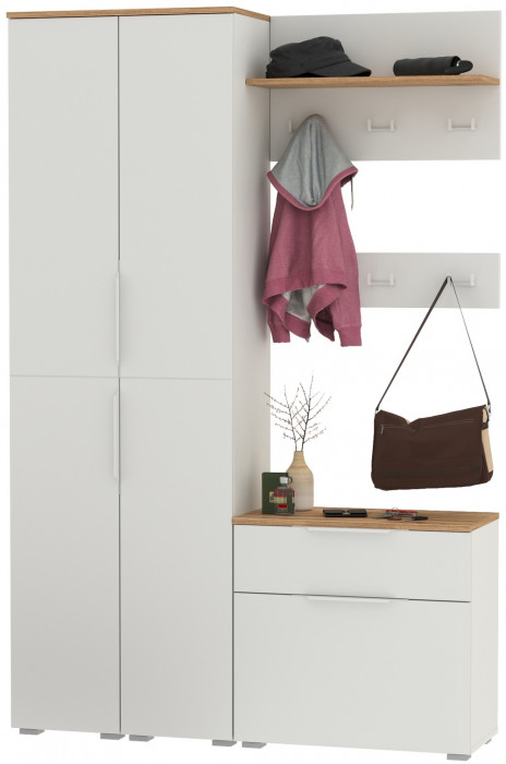 Октава Прихожая 20, цвет белый шагрень/дуб крафт золотой/фасады МДФ белый шагрень, ШхГхВ 129,3х35,4х197,6 см., универсальная сборка