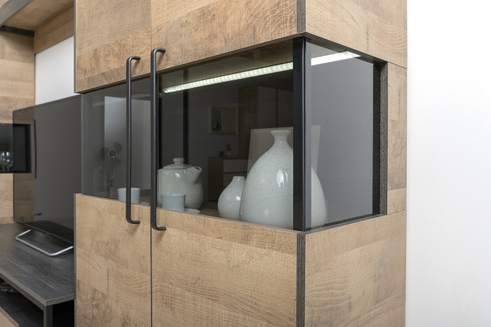 Трувор 13.205 Шкаф-пенал с витриной + 13.306 Комод с витриной, дуб гранж песочный/интра