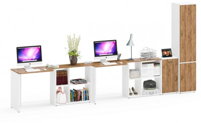 Лидер-8 Стол + Стол + Пенал МД 21Б + Тумба МД 3.15, белый шагрень/крафт золото