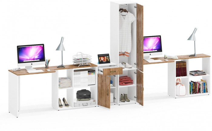 Лидер-8 Стол + Стол + Пенал МД 21Б + Тумба МД 3.15, белый шагрень/крафт золото