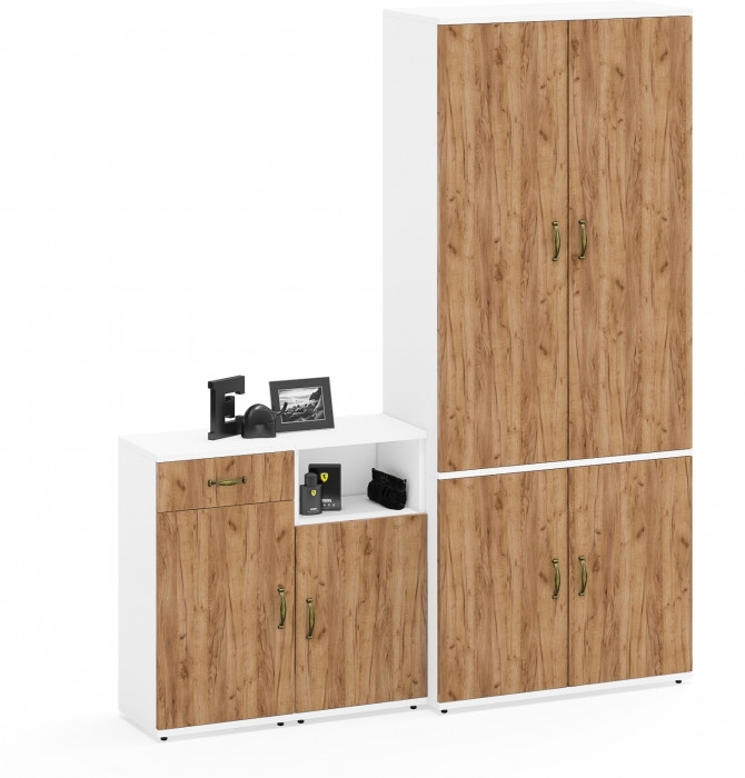 Лидер-8 Шкаф МД 20Б + Тумба МД 3.15 + Тумба МД 3.19, белый шагрень/крафт золото