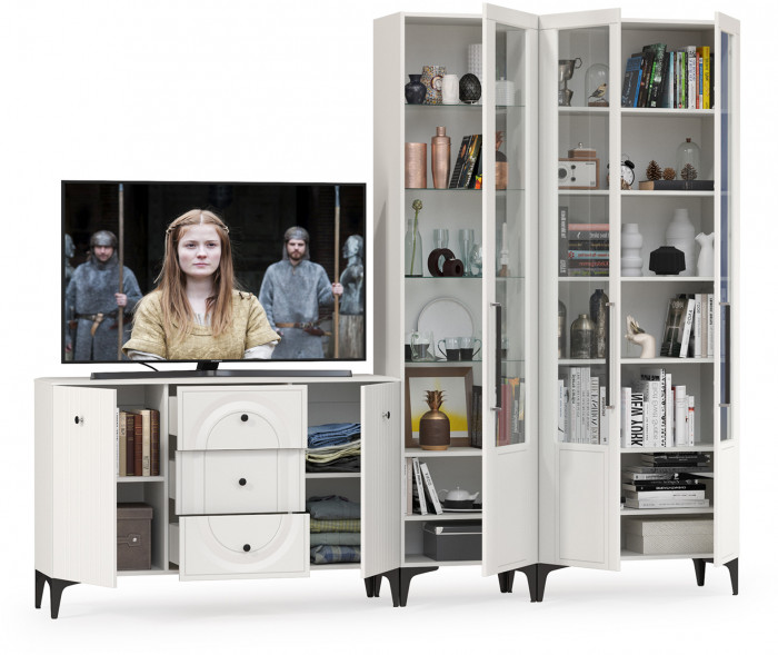 Валенсия Гостиная № 114, цвет ЛДСП белый шагрень/МДФ белый шагрень, ШхГхВ 272,3х38,4х225,2 см., универсальная сборка