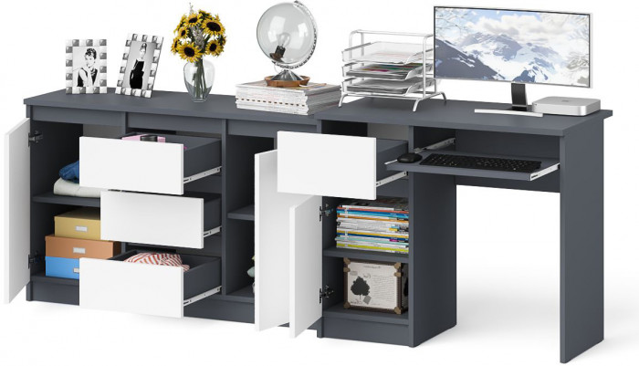 Мори компьютерный стол МС-1 левый + Комод МК1200.3, графит/белый