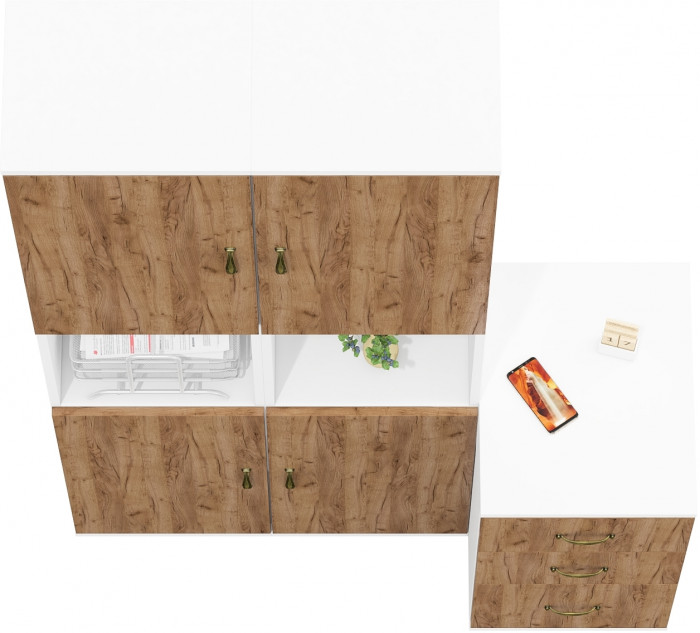 Лидер-8 Пенал + Пенал + Тумба МД 3.16, цвет белый шагрень/крафт золото, ШхГхВ 120х50х190 см., универсальная сборка