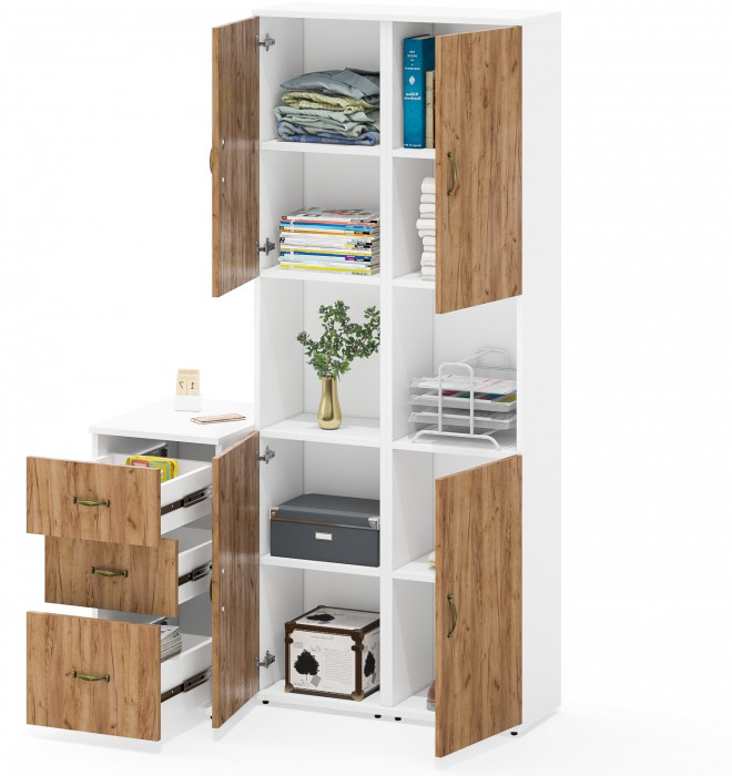 Лидер-8 Пенал + Пенал + Тумба МД 3.16, цвет белый шагрень/крафт золото, ШхГхВ 120х50х190 см., универсальная сборка