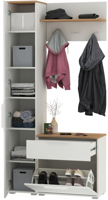 Октава Прихожая 14, белый шагрень/дуб крафт золотой/фасады МДФ белый шагрень