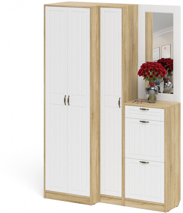 Прихожая П-6 Компоновка № 29, дуб сонома/фасады МДФ белое дерево фрезеровка прованс