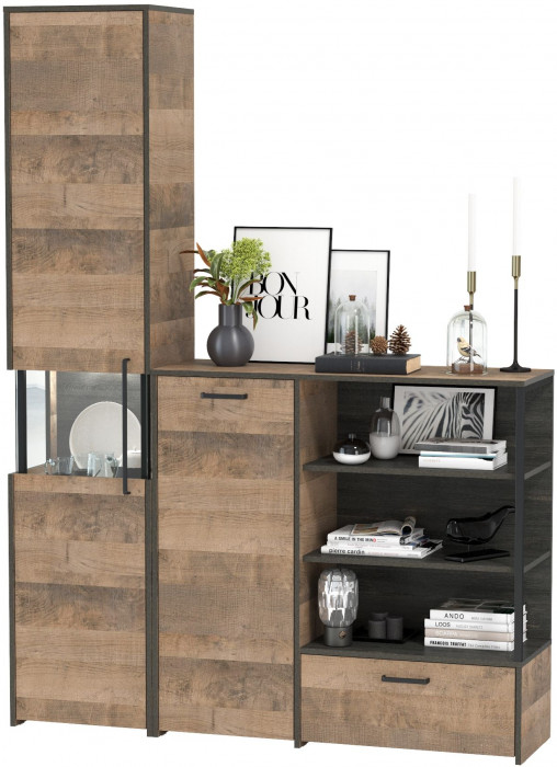 Трувор 13.205 Шкаф-пенал с витриной + 13.307.01 Комод, дуб гранж песочный/интра