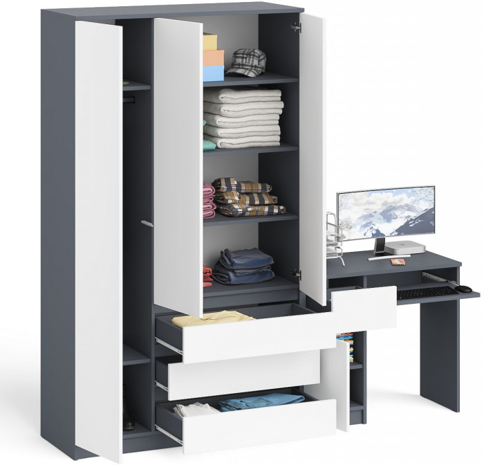 Мори компьютерный стол МС-1 левый + Шкаф МШ1200.1, графит/белый