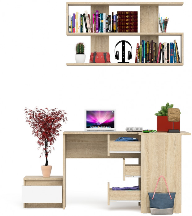 Мори Стол компьютерный МС-16 правый + Тумба ТМП400.1 + Полка 1200, цвет дуб сонома/белый, ШхГхВ 164,8х84,9х209,6 см., НЕ универс. сборка