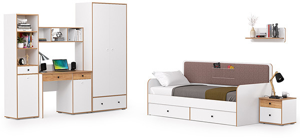 Вуди Компоновка № 35, цвет белый премиум/дуб крафт золотой/саванна латте, сп. м. 900х2000 мм., б/м, основание есть, матрас высотой до 200 мм.