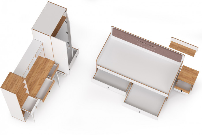 Вуди Компоновка № 35, цвет белый премиум/дуб крафт золотой/саванна латте, сп. м. 900х2000 мм., б/м, основание есть, матрас высотой до 200 мм.