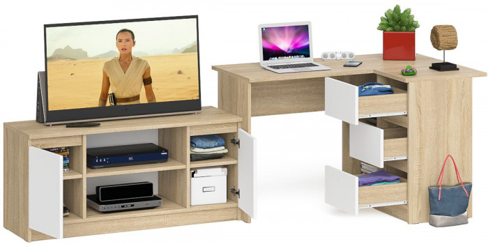 Мори Стол компьютерный МС-16 правый + Тумба МТВ1200.1, цвет дуб сонома/белый, ШхГхВ 244,8х84,9х76,6 см., выдвижные ящики справа, НЕ универс. сборка