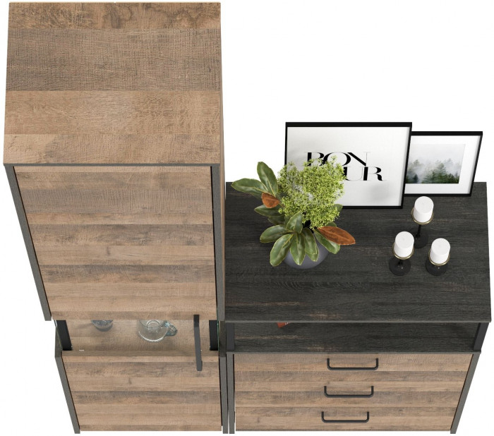 Трувор 13.205 Шкаф-пенал с витриной + 13.307.02 Комод с ящиками, дуб гранж песочный/интра