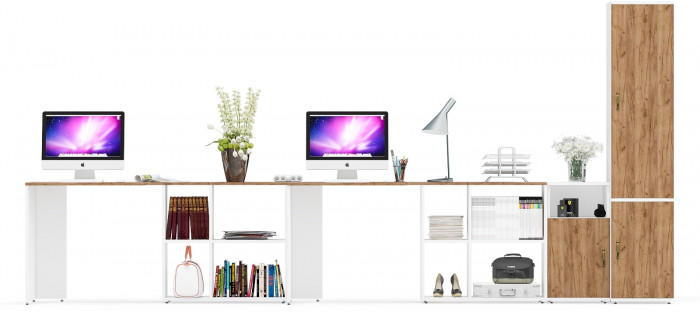 Лидер-8 Стол + Стол + Пенал МД 21Б + Тумба МД 3.19, белый шагрень/крафт золото