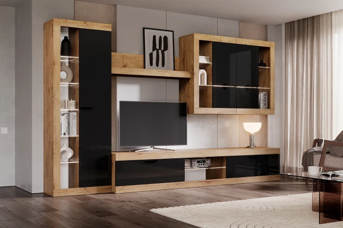 Прага Модульная Гостиная, вариант №2, Дуб Вотан/Черный глянец