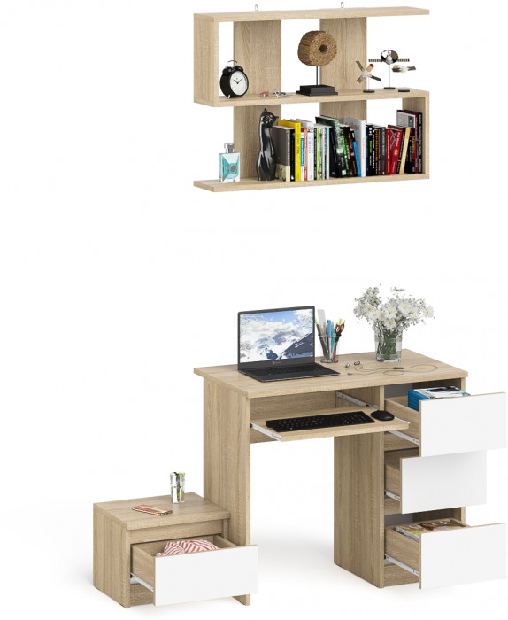 Мори компьютерный стол МС-6 правый + Тумба ТМП400.1 + Полка 900, дуб сонома/белый