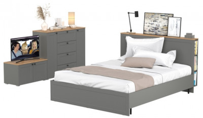 Остин 11.53 Кровать + ортопед + 16.221 Комод + 13.257 Тумба, серый графит/дуб крафт золотой
