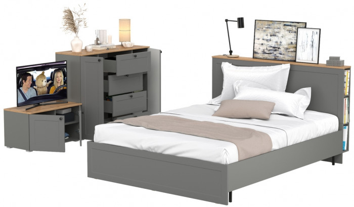 Остин 11.53 Кровать + ортопед + 16.221 Комод + 13.257 Тумба, серый графит/дуб крафт золотой