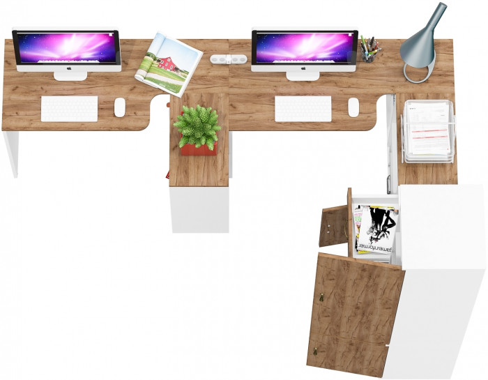 Лидер-8 Стол + Стол + Пенал МД 22Б + Тумба МД 3.15, цвет белый шагрень/крафт золото, ШхГхВ 410х50/37,5х75/190 или 230х160/50х75/190 см., НЕ ун. сб.