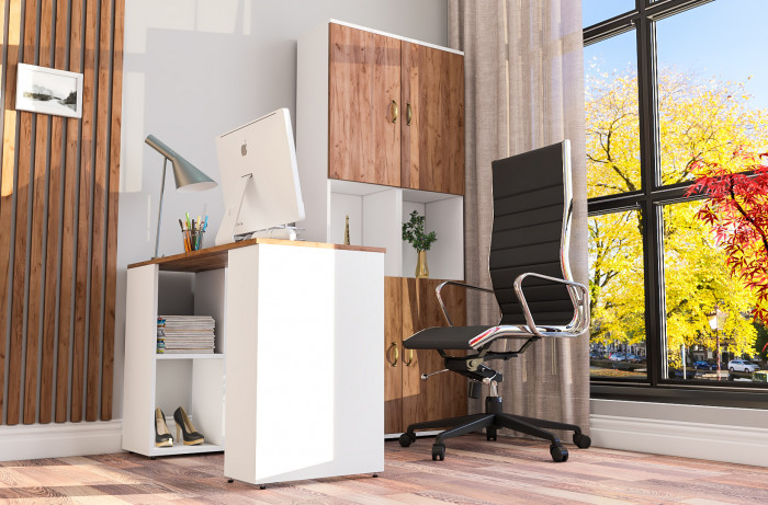 Лидер-8 Стол + Пенал + Пенал, цвет белый шагрень/крафт золото, ШхГхВ 245х50/30х75/190 см. или 115х50/160х75/190 см., НЕ универсальная сборка