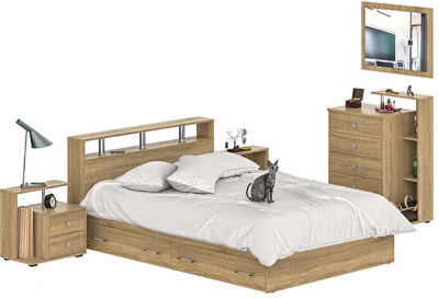 Камелия спальня № 12 Кровать с ящиками 1400 + Две тумбы + Комод + Зеркало, дуб сонома