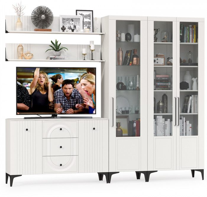 Валенсия Гостиная № 116, цвет ЛДСП белый шагрень/МДФ белый шагрень, ШхГхВ 272,3х38,4х225,2 см., универсальная сборка