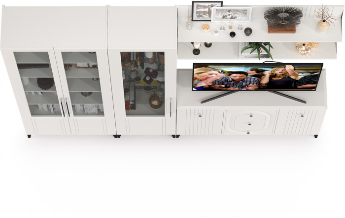 Валенсия Гостиная № 116, цвет ЛДСП белый шагрень/МДФ белый шагрень, ШхГхВ 272,3х38,4х225,2 см., универсальная сборка