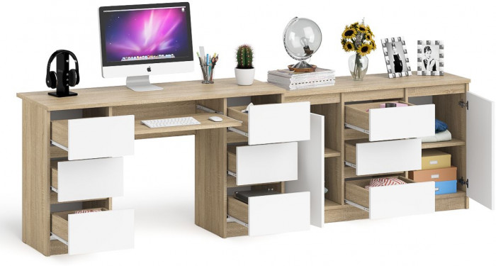 Мори компьютерный стол МС-2 + Комод МК1200.3, дуб сонома/белый