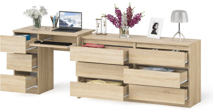 Мори компьютерный стол МС-6 левый + Комод МК1380.6, дуб сонома