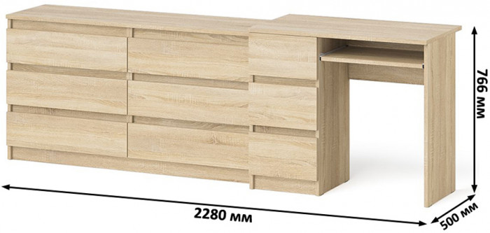 Мори компьютерный стол МС-6 левый + Комод МК1380.6, дуб сонома