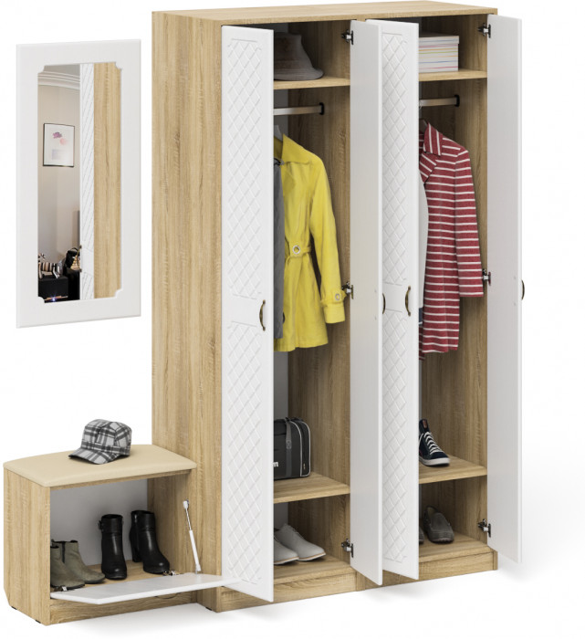 Прихожая П-6 Компоновка № 08, дуб сонома/фасады МДФ белое дерево фрезеровка ромб