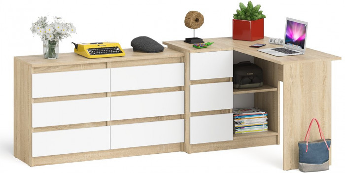 Мори компьютерный стол МС-16 левый + Комод МК1200.6, дуб сонома/белый