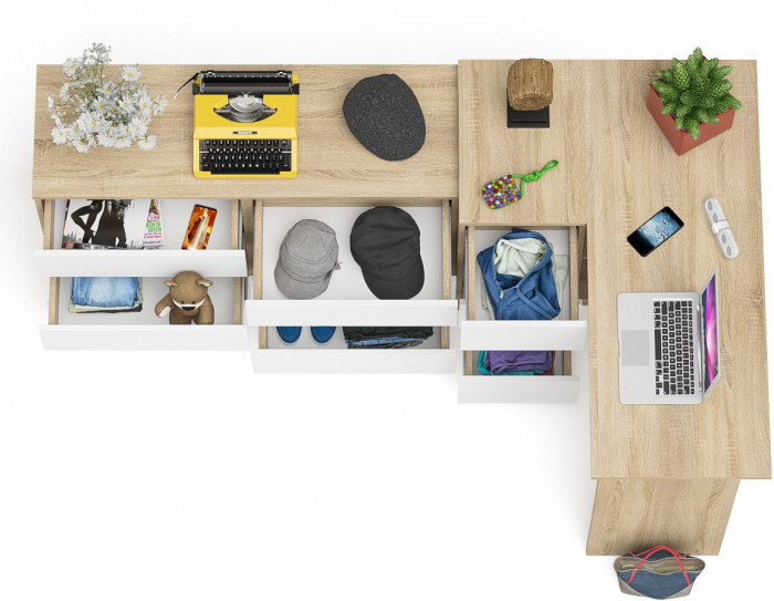 Мори компьютерный стол МС-16 левый + Комод МК1200.6, дуб сонома/белый