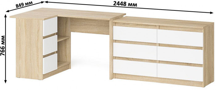 Мори компьютерный стол МС-16 левый + Комод МК1200.6, дуб сонома/белый