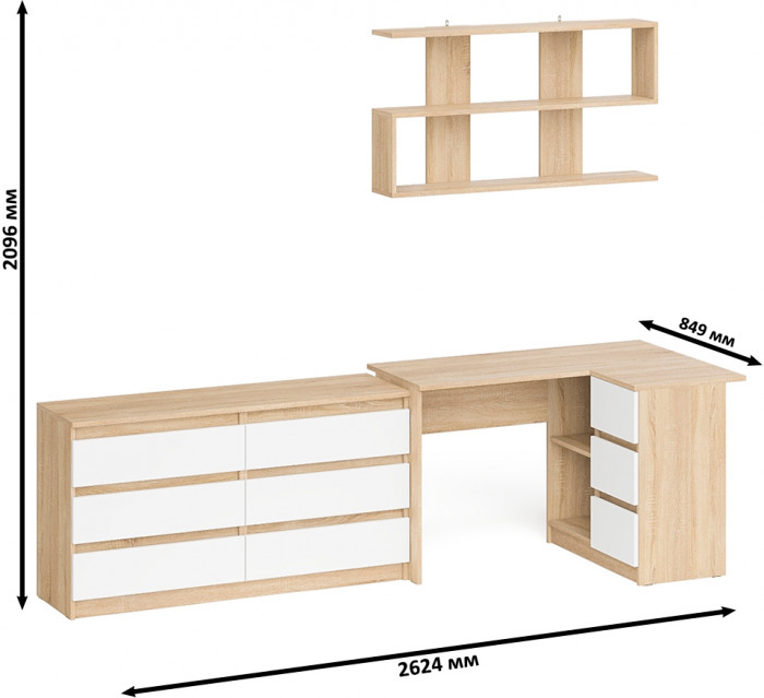 Мори компьютерный стол МС-16 правый + Комод МК1380.6 + Полка 1200, дуб сонома/белый