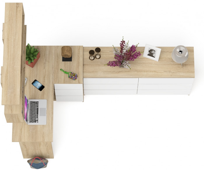 Мори компьютерный стол МС-16 правый + Комод МК1380.6 + Полка 1200, дуб сонома/белый