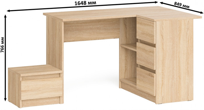 Мори Стол компьютерный МС-16 правый + Тумба ТМП400.1, цвет дуб сонома, ШхГхВ 164,8х84,9х76,6 см., выдвижные ящики справа, НЕ универсальная сборка