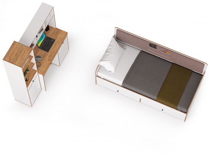 Вуди Компоновка № 37, цвет белый премиум/дуб крафт золотой/саванна латте, сп. м. 900х2000 мм., б/м, основание есть, матрас высотой до 200 мм.