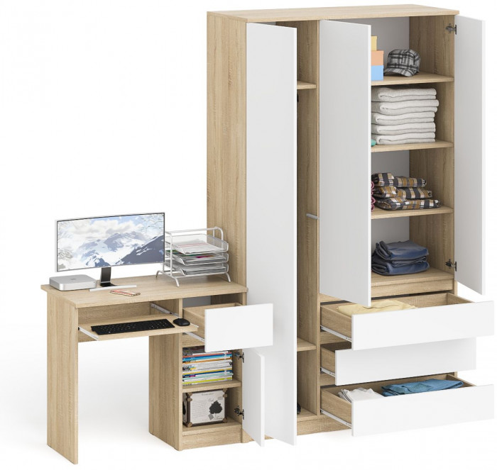 Мори компьютерный стол МС-1 правый + Шкаф МШ1200.1, дуб сонома/белый