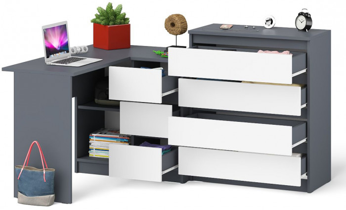 Мори компьютерный стол МС-16 правый + Комод МК800.4, графит/белый