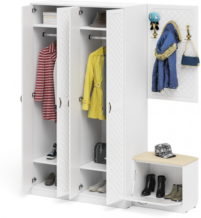 Прихожая П-6 Компоновка № 09, белая шагрень/фасады МДФ белое дерево фрезеровка ромб