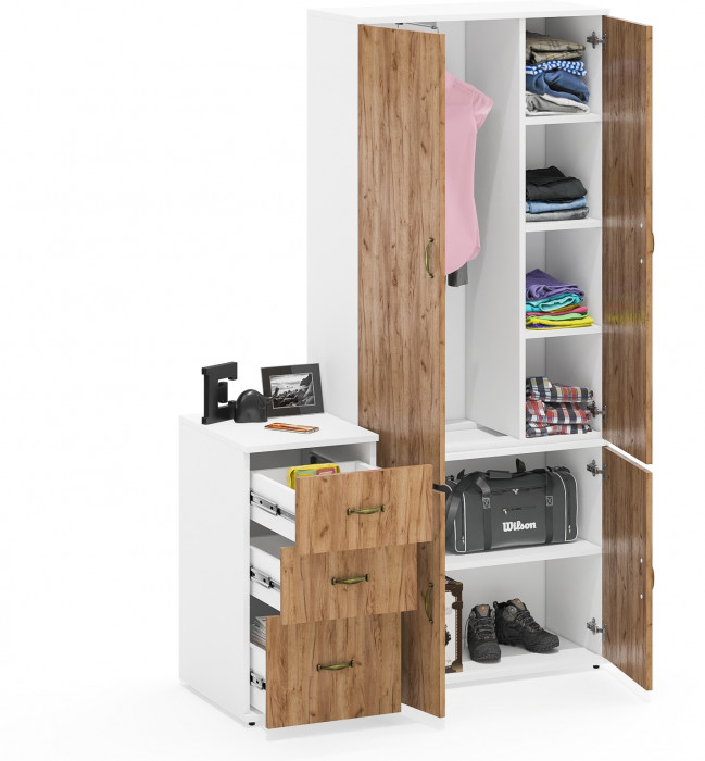 Лидер-8 Шкаф МД 20Б + Тумба МД 3.16, белый шагрень/крафт золото