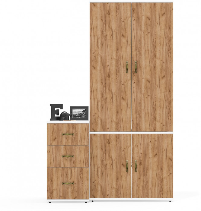 Лидер-8 Шкаф МД 20Б + Тумба МД 3.16, белый шагрень/крафт золото