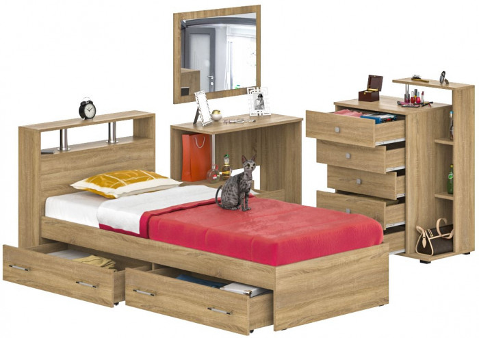 Камелия спальня № 14 Кровать с ящиками 900 + Стол косметический + Зеркало + Комод, дуб сонома