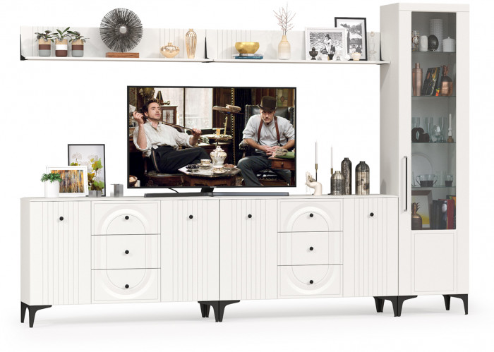 Валенсия Гостиная № 118, цвет ЛДСП белый шагрень/МДФ белый шагрень, ШхГхВ 321,3х38,4х225,2 см., универсальная сборка