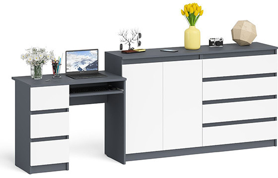 Мори компьютерный стол МС-6 левый + Комод МК1600.1, графит/белый