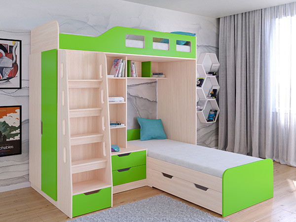 Кровать двухъярусная Астра 4 Дуб молочный/Салатовый