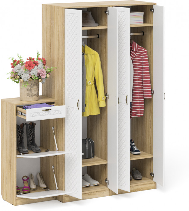 Прихожая П-6 Компоновка № 13, цвет дуб сонома/фасады МДФ белое дерево фрезеровка ромб, ШхГхВ 170х50х210 см., универсальная сборка