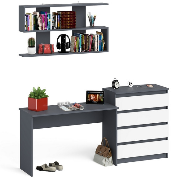 Мори письменный стол МСП1200.1 + Комод МК800.4 + Полка 1200, графит/белый